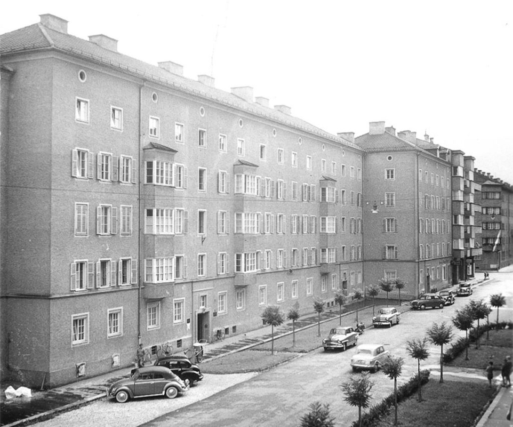 historisches Foto der Viktor-Dank-Straße, schwarz-weiß